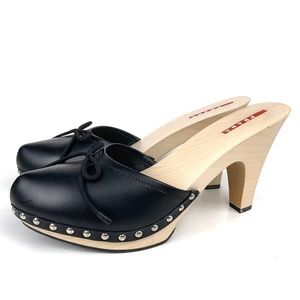 PRADA Leather and Wood Heel Clog 11.5